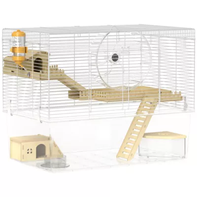 PawHut Cage with Deep Bottom, Wooden Ramp, Hut, Bathroom and Exercise Wheel - Image 1