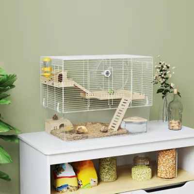PawHut Cage with Deep Bottom, Wooden Ramp, Hut, Bathroom and Exercise Wheel - Image 2