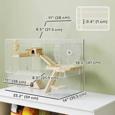 PawHut Cage with Deep Bottom, Wooden Ramp, Hut, Bathroom and Exercise Wheel - Image 3