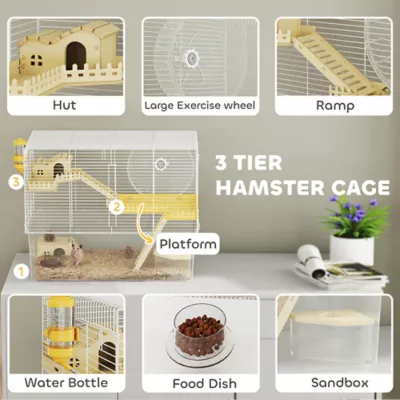 PawHut Cage with Deep Bottom, Wooden Ramp, Hut, Bathroom and Exercise Wheel - Image 4