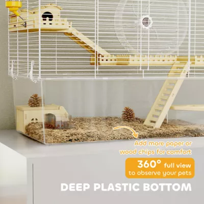PawHut Cage with Deep Bottom, Wooden Ramp, Hut, Bathroom and Exercise Wheel - Image 5