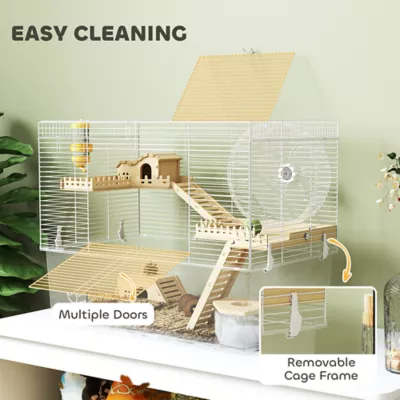 PawHut Cage with Deep Bottom, Wooden Ramp, Hut, Bathroom and Exercise Wheel - Image 6