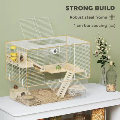 PawHut Cage with Deep Bottom, Wooden Ramp, Hut, Bathroom and Exercise Wheel - Image 7