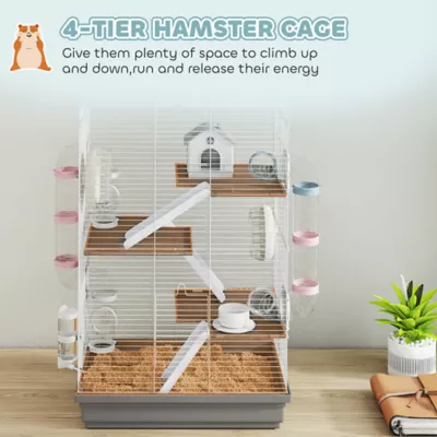 PawHut 4-Level Large Cage with DIY Tubes, Water Bottle, Food Dish, Hut, Exercise Wheels - Image 4