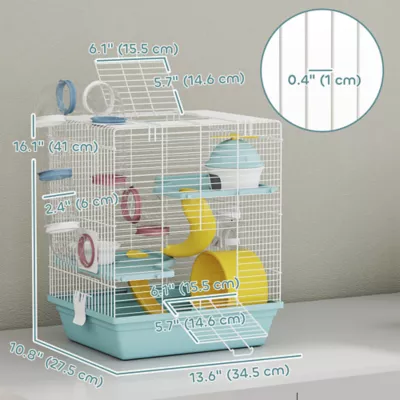 PawHut 3-Level Cage with Exercise Wheel, Play Tube, Water Bottle, Food Dish, Hut, Ladder - Image 3