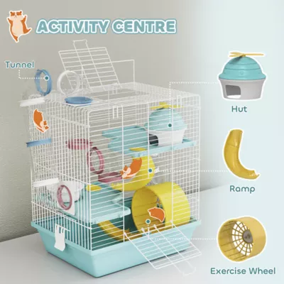 PawHut 3-Level Cage with Exercise Wheel, Play Tube, Water Bottle, Food Dish, Hut, Ladder - Image 5