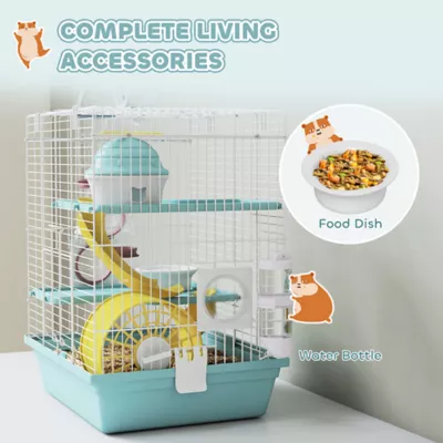 PawHut 3-Level Cage with Exercise Wheel, Play Tube, Water Bottle, Food Dish, Hut, Ladder - Image 6