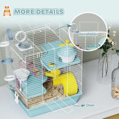 PawHut 3-Level Cage with Exercise Wheel, Play Tube, Water Bottle, Food Dish, Hut, Ladder - Image 7
