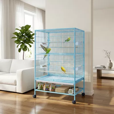 PawHut 52''H Large Rolling Steel Bird Cage, Bird House with Rolling Stand, Storage Shelf, Wood Perch - Image 2