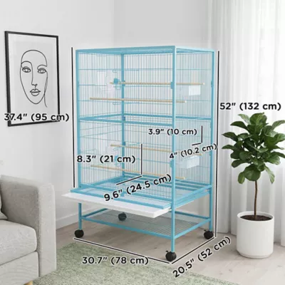 PawHut 52''H Large Rolling Steel Bird Cage, Bird House with Rolling Stand, Storage Shelf, Wood Perch - Image 3