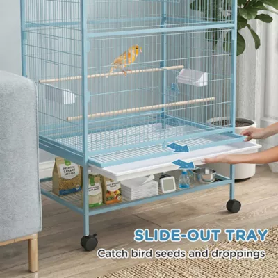 PawHut 52''H Large Rolling Steel Bird Cage, Bird House with Rolling Stand, Storage Shelf, Wood Perch - Image 4