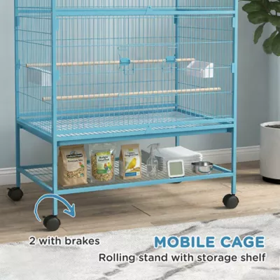 PawHut 52''H Large Rolling Steel Bird Cage, Bird House with Rolling Stand, Storage Shelf, Wood Perch - Image 5