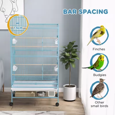 PawHut 52''H Large Rolling Steel Bird Cage, Bird House with Rolling Stand, Storage Shelf, Wood Perch - Image 6