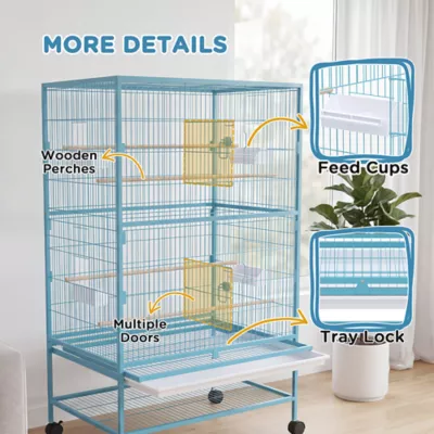 PawHut 52''H Large Rolling Steel Bird Cage, Bird House with Rolling Stand, Storage Shelf, Wood Perch - Image 7