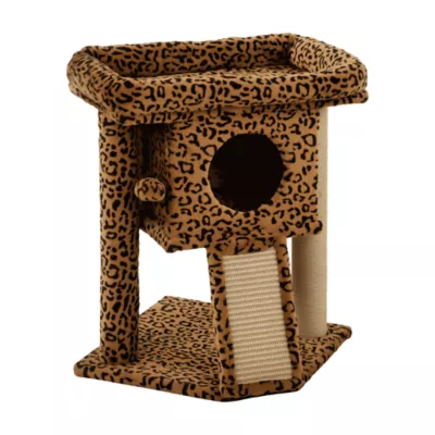 PawHut Cat Tree, Small Cat Tower with Perch, Scratching Post, Cat Condo, Leopard Print - Image 1