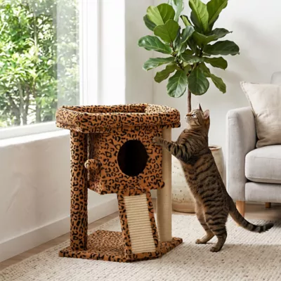 PawHut Cat Tree, Small Cat Tower with Perch, Scratching Post, Cat Condo, Leopard Print - Image 2