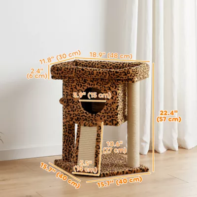 PawHut Cat Tree, Small Cat Tower with Perch, Scratching Post, Cat Condo, Leopard Print - Image 3