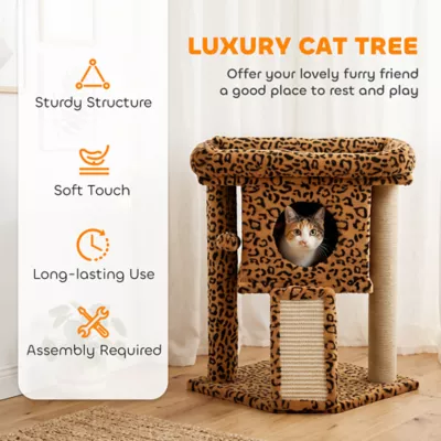 PawHut Cat Tree, Small Cat Tower with Perch, Scratching Post, Cat Condo, Leopard Print - Image 4