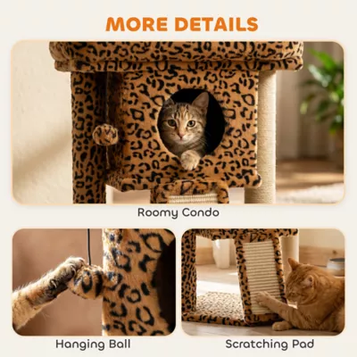 PawHut Cat Tree, Small Cat Tower with Perch, Scratching Post, Cat Condo, Leopard Print - Image 5