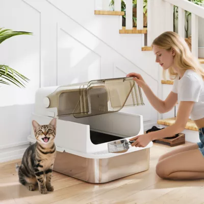 PawHut Stainless Steel Cat Litter Box, Easy-Clean Enclosure with Scoop & Flip Lid - Image 2