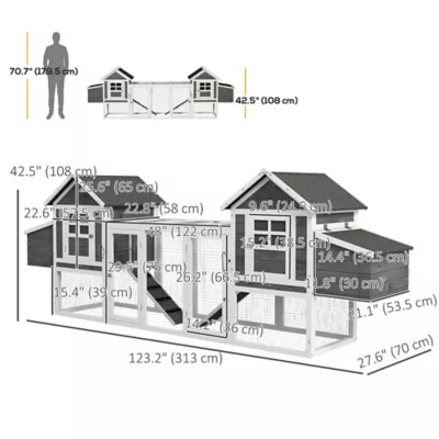 PawHut 123"W Extra Large Chicken Coop, Wooden Poultry House, Rabbit Hutch, Outdoor Run Ramps - Image 3