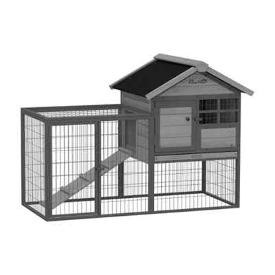 PawHut Rabbit Hutch Outdoor, 48"L Large Wooden Bunny Cage with Run, Grey - Image 1