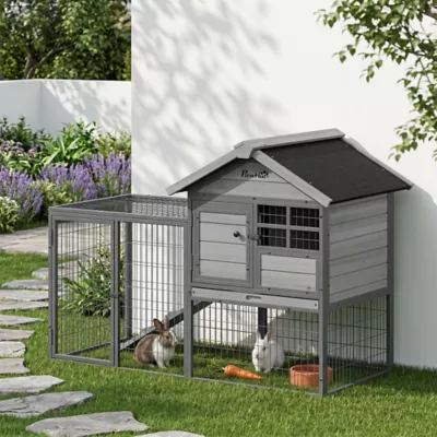PawHut Rabbit Hutch Outdoor, 48"L Large Wooden Bunny Cage with Run, Grey - Image 2