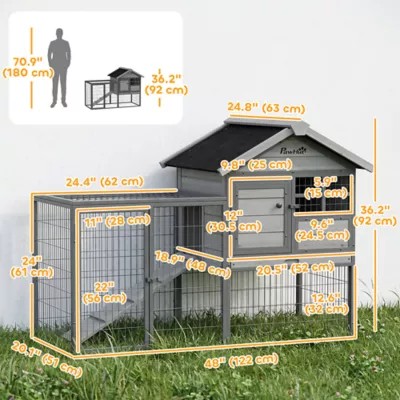 PawHut Rabbit Hutch Outdoor, 48"L Large Wooden Bunny Cage with Run, Grey - Image 3