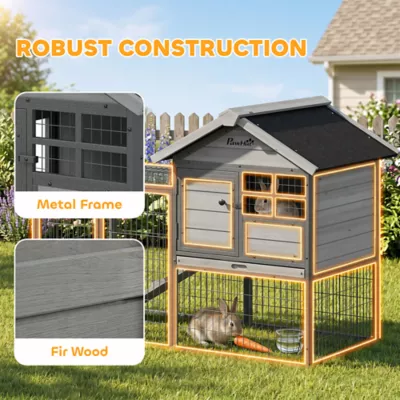 PawHut Rabbit Hutch Outdoor, 48"L Large Wooden Bunny Cage with Run, Grey - Image 4
