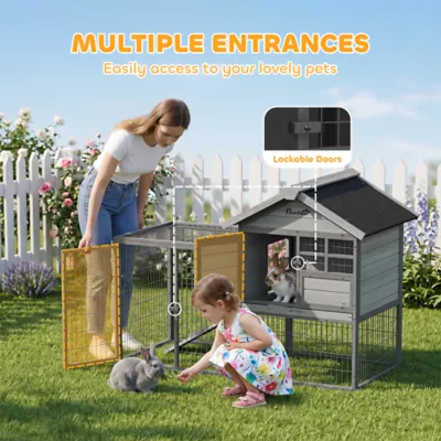 PawHut Rabbit Hutch Outdoor, 48"L Large Wooden Bunny Cage with Run, Grey - Image 6