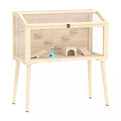PawHut Wooden Hamster Habitat with Openable Top, Seesaws, Platforms, Water Bottle - Image 1