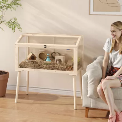 PawHut Wooden Hamster Habitat with Openable Top, Seesaws, Platforms, Water Bottle - Image 2