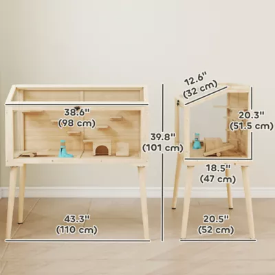 PawHut Wooden Hamster Habitat with Openable Top, Seesaws, Platforms, Water Bottle - Image 3