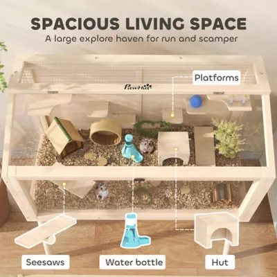 PawHut Wooden Hamster Habitat with Openable Top, Seesaws, Platforms, Water Bottle - Image 4