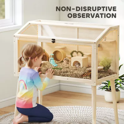 PawHut Wooden Hamster Habitat with Openable Top, Seesaws, Platforms, Water Bottle - Image 7