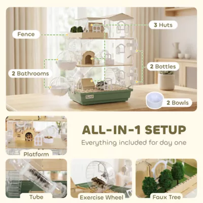 PawHut Large 3 Tiers Acrylic Hamster Habitat with Water Bottles, Running Wheel - Image 4