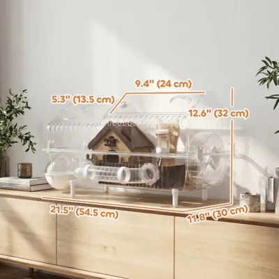 PawHut 8 in 1 Hamster Habitat with Hut, Platform, Fence, Food Bowl, Water Bottle Stand, and Wheel - Image 3