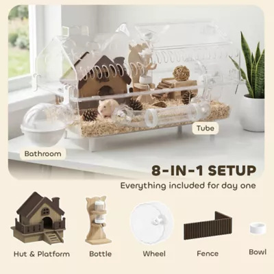 PawHut 8 in 1 Hamster Habitat with Hut, Platform, Fence, Food Bowl, Water Bottle Stand, and Wheel - Image 4