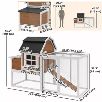PawHut 71"L Chicken Coop for 3 Chickens, Wooden Hen House with Run, Removable Tray, Nesting Box - Image 3
