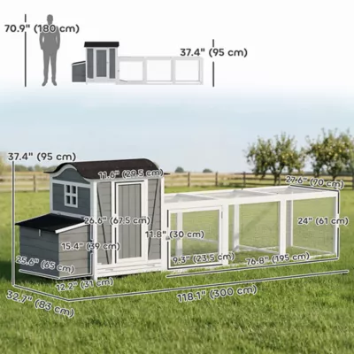 PawHut 118"L Chicken Coop, Large Wooden Hen House with Run, Pull-Out Tray, Waterproof Roof - Image 3
