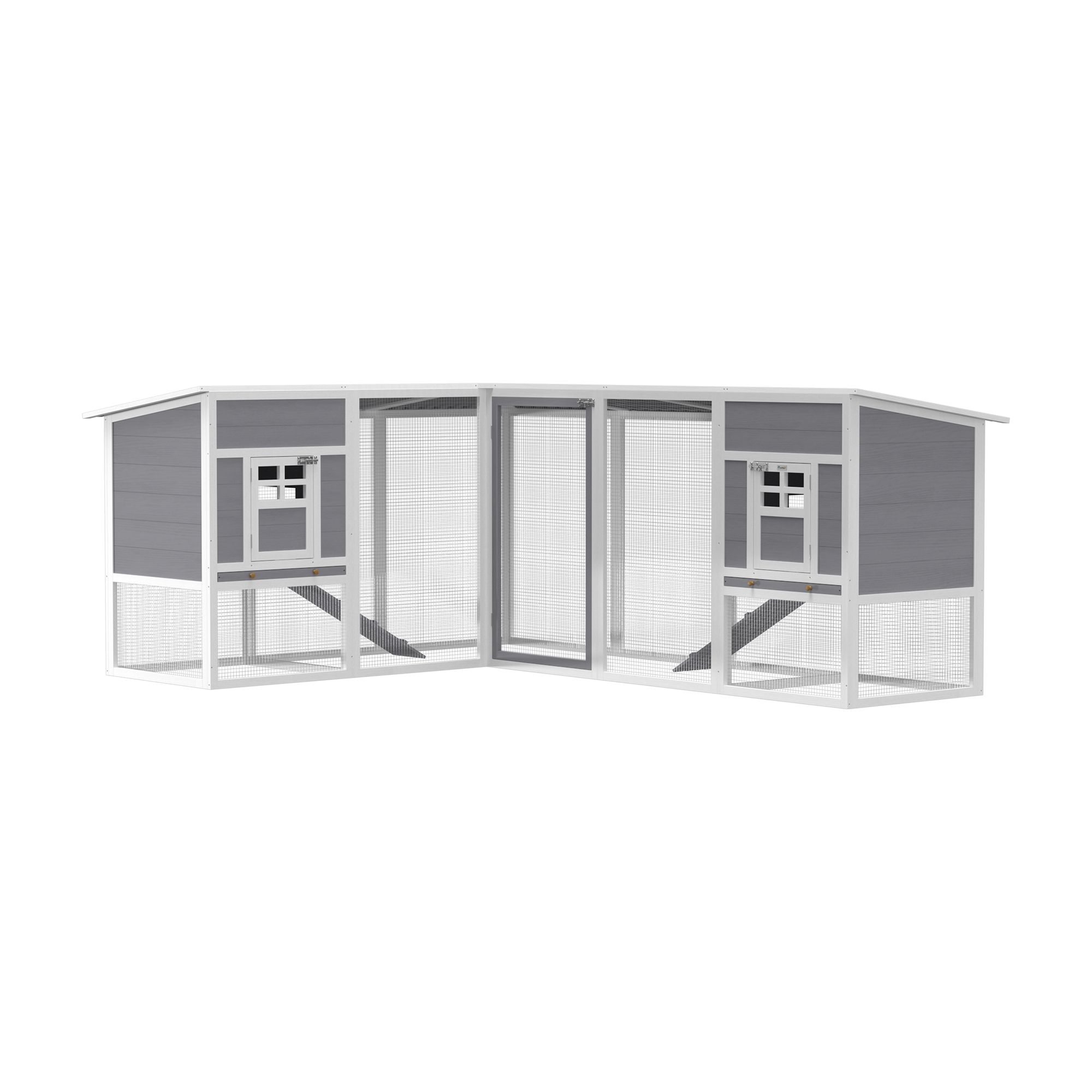 PawHut Chicken Coop with Run, L-Shaped Wooden Chicken House with 2