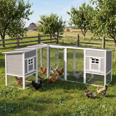 PawHut Chicken Coop with Run, L-Shaped Wooden Chicken House with 2 Houses, Waterproof Roof - Image 2