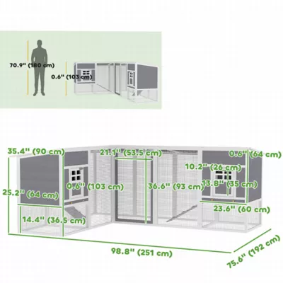PawHut Chicken Coop with Run, L-Shaped Wooden Chicken House with 2 Houses, Waterproof Roof - Image 3