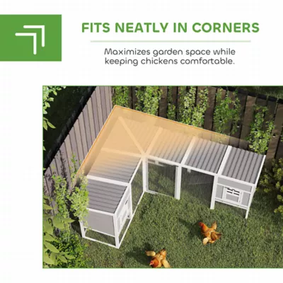 PawHut Chicken Coop with Run, L-Shaped Wooden Chicken House with 2 Houses, Waterproof Roof - Image 4