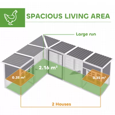 PawHut Chicken Coop with Run, L-Shaped Wooden Chicken House with 2 Houses, Waterproof Roof - Image 5