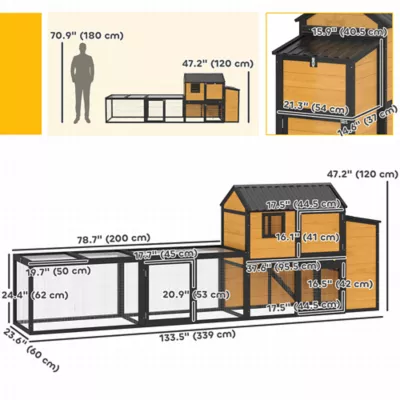 PawHut Large Chicken Coop, 134"L Wooden Chicken House with Run, Nesting Box, Slide-Out Tray - Image 3