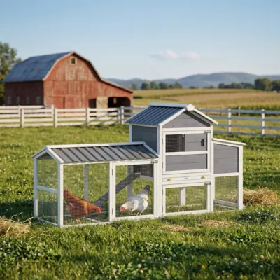 PawHut Chicken Coop with Wheels, 80"L, with Run, Nesting Box, Tray - Image 2