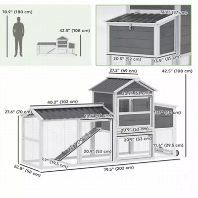 PawHut Chicken Coop with Wheels, 80"L, with Run, Nesting Box, Tray - Image 3