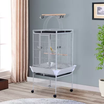 PawHut 63.5"H Large Bird Cage Stand with Feeder,Play Top,House,Perch,Bowl,Wheels - Image 2