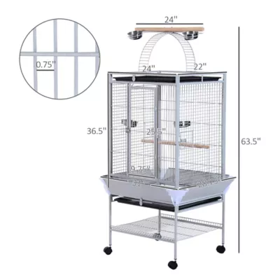 PawHut 63.5"H Large Bird Cage Stand with Feeder,Play Top,House,Perch,Bowl,Wheels - Image 3